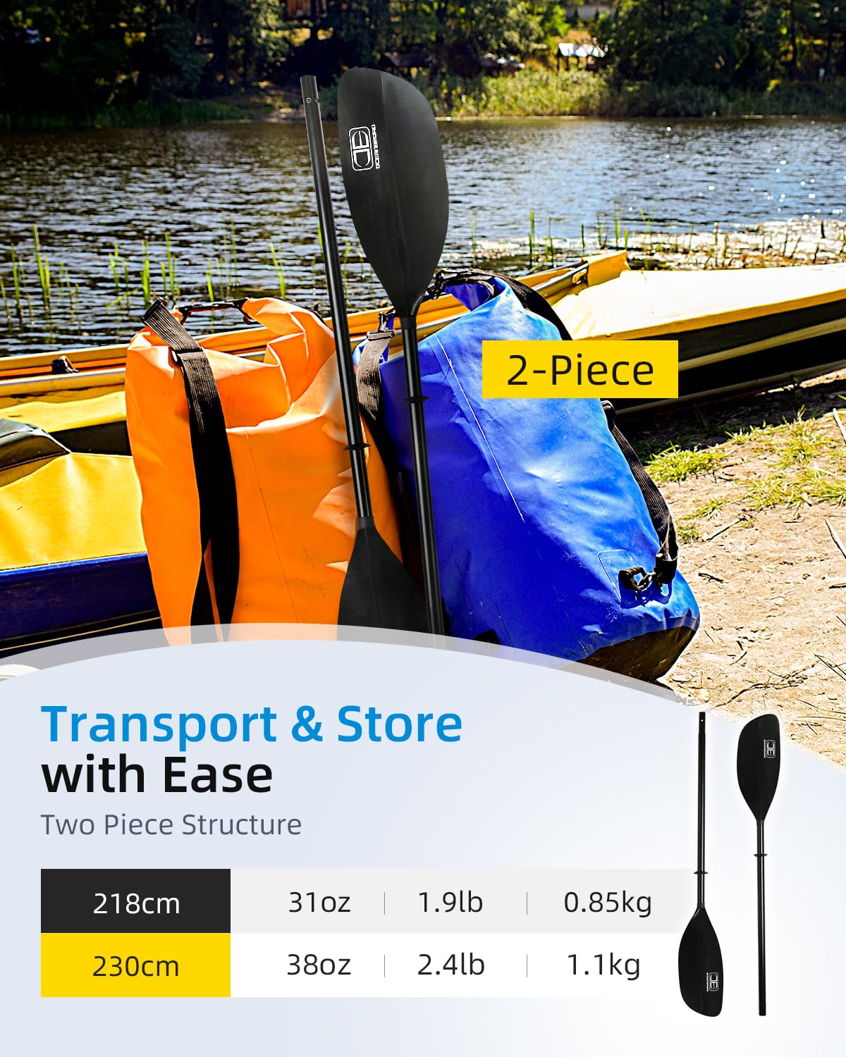 2-Piece Kayak Paddle with Lightweight Alloy Shaft