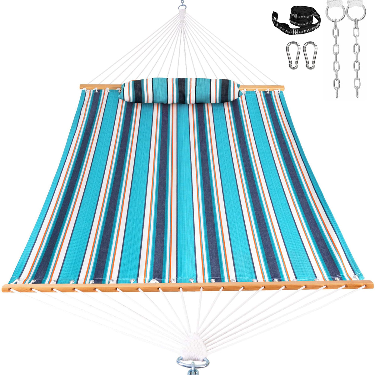 2-Person Fabric Hammock with Spreader Bars & Pillow