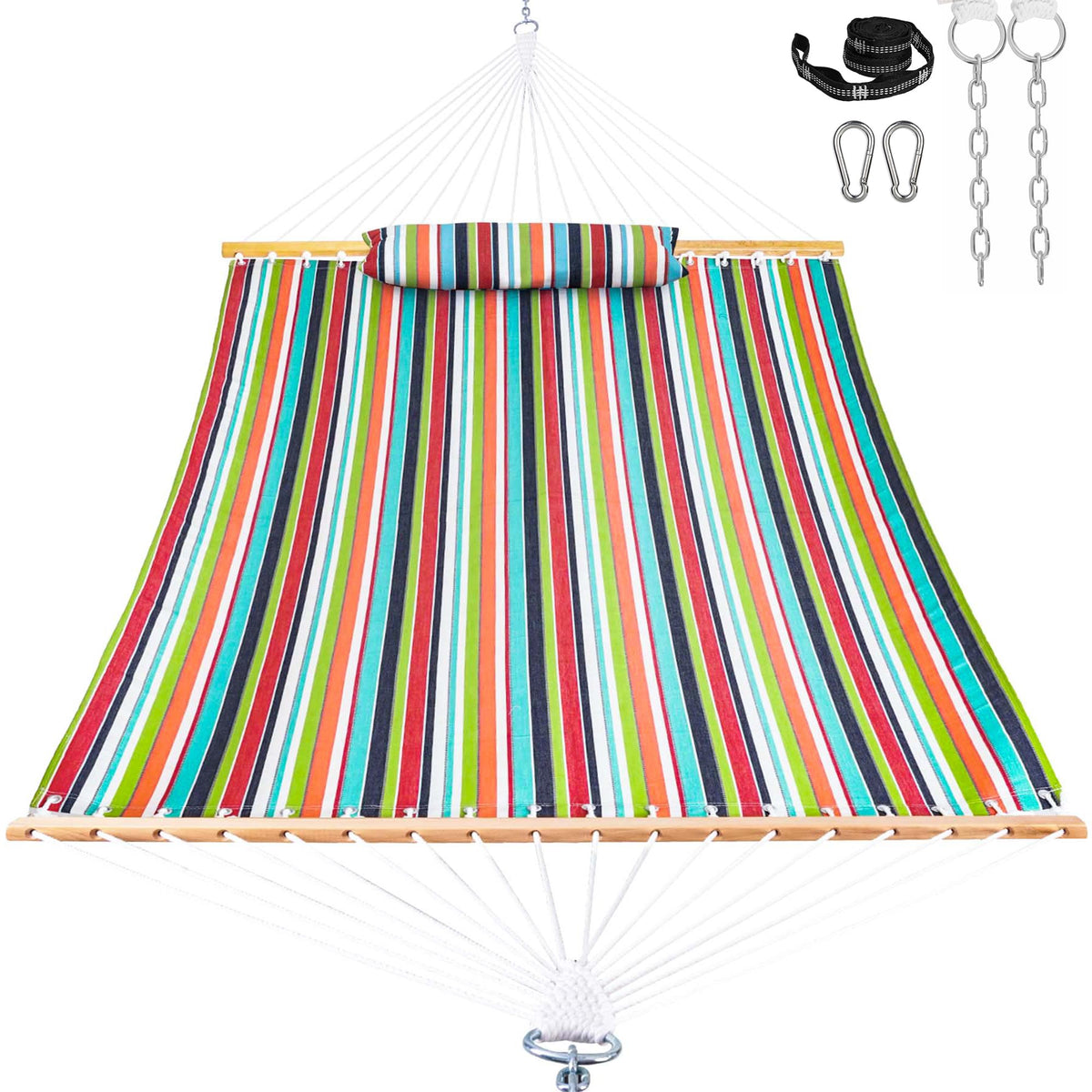 2-Person Fabric Hammock with Spreader Bars & Pillow